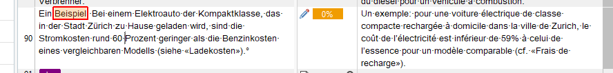 Screenshot of Trados Studio with a segment highlighted in red, indicating a 0% TM match.