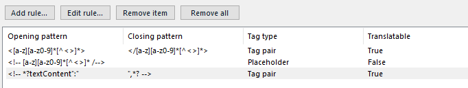 Screenshot of Trados Studio filter rules interface showing three rules with their opening and closing patterns, tag types, and translatability status. The last rule targets the 'textContent' within comment blocks.