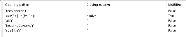 Screenshot of Trados Studio showing a table with regex patterns for text extraction, including 'textContent', 'alt', 'headingContent', and 'subTitle'.
