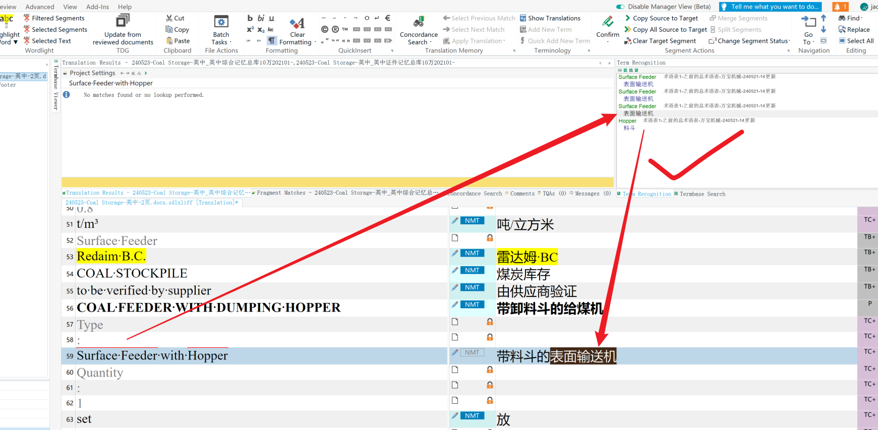 Screenshot of Trados Studio with a term recognition pane open, highlighting the term 'Surface Feeder' not being recognized in the translation results.