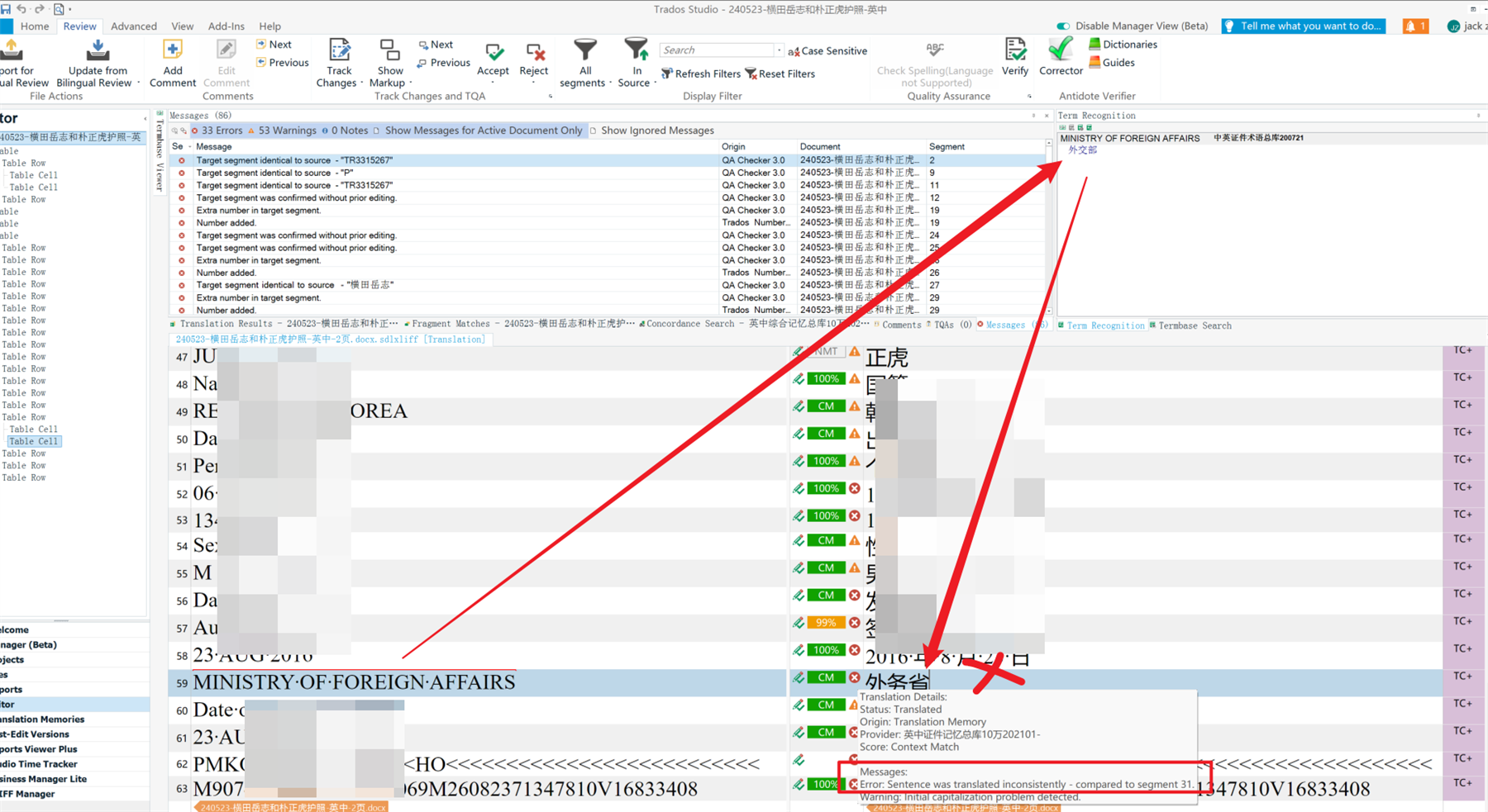 Screenshot of Trados Studio with a message window showing an error: 'Sentence was translated inconsistently compared to segment 31. Warning: Initial capitalization problem detected.' A term 'MINISTRY OF FOREIGN AFFAIRS' is highlighted in the Term Recognition pane.