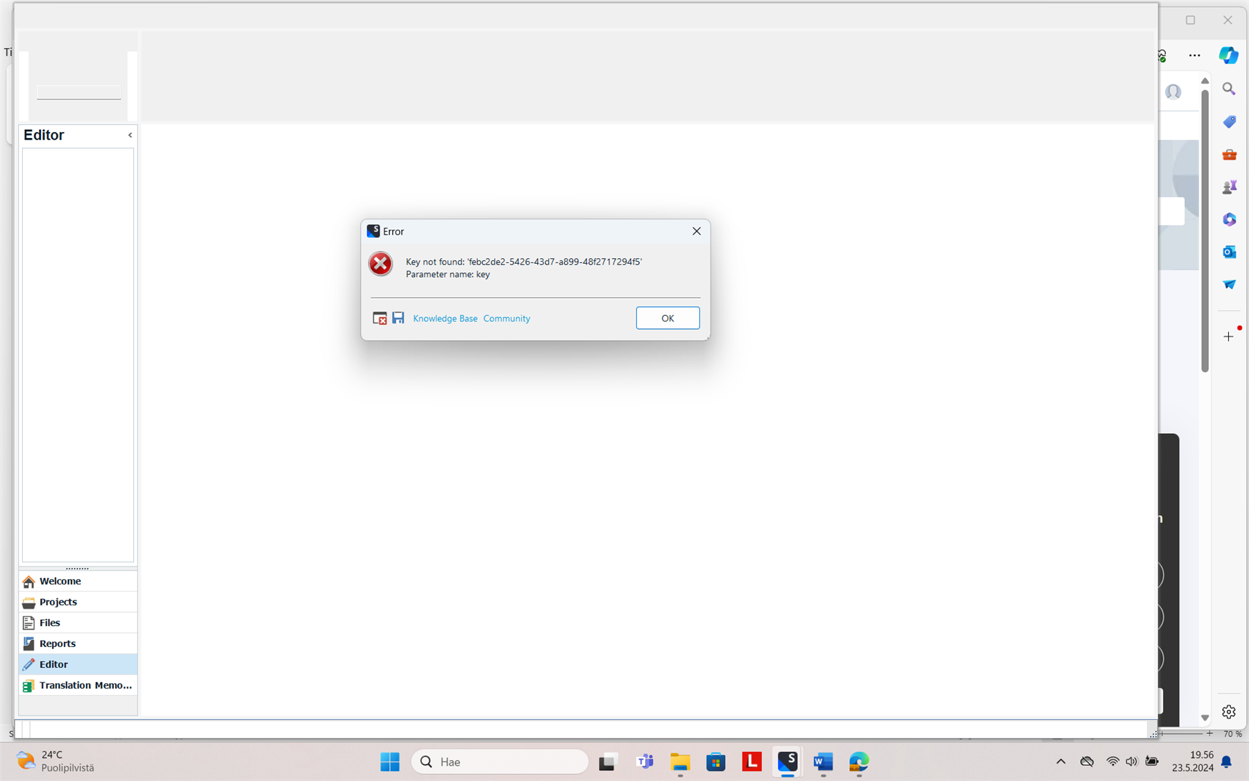 Screenshot of Trados Studio software with an error dialog box in the foreground. The error message reads 'Key not found: 'xxxxxxxx-xxxx-xxxx-xxxx-xxxxxxxxxxxx' Parameter name: key'. There are options for Knowledge Base and Community below the message, and an OK button.