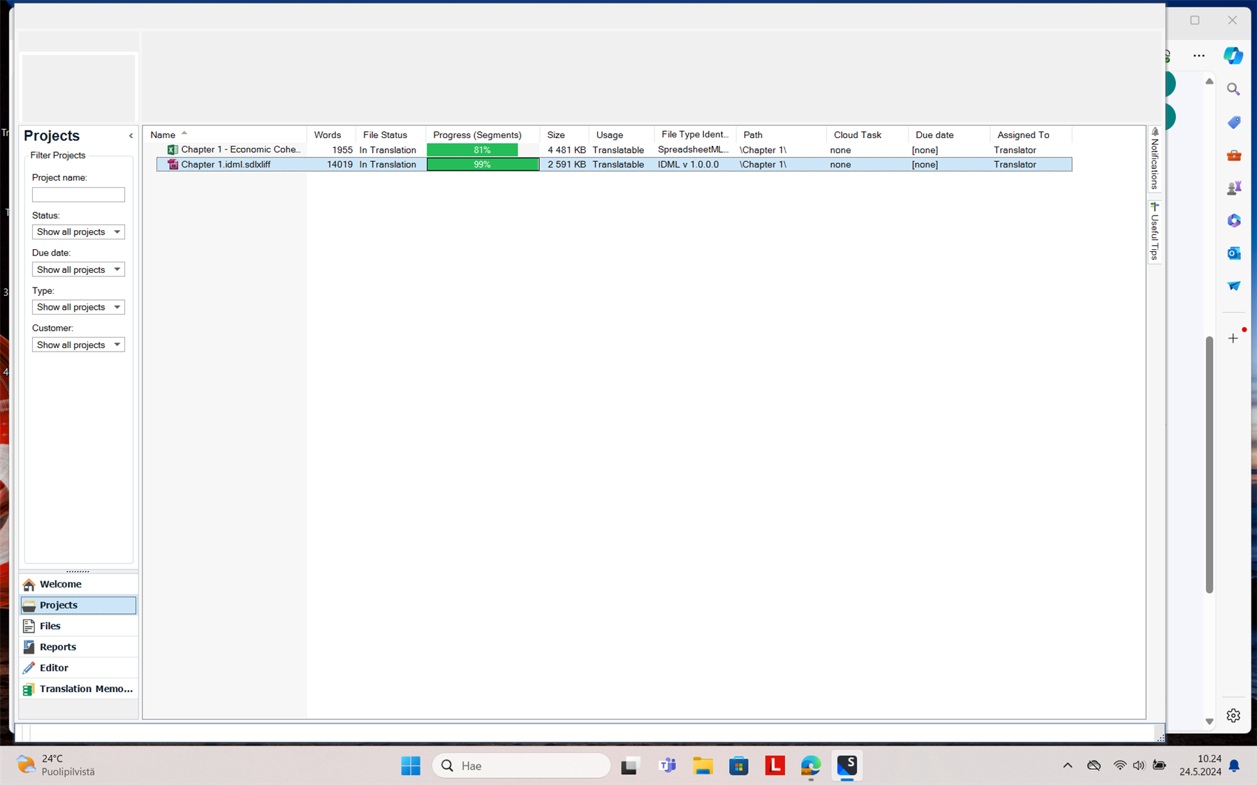 Screenshot of Trados Studio interface showing two projects in the 'Projects' view with their progress, file status, and other details. No error messages are visible.