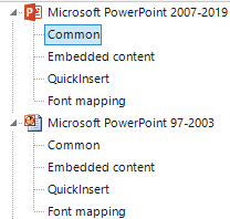 Screenshot showing Trados Studio file type settings for Microsoft PowerPoint. Two versions are listed: 'Microsoft PowerPoint 2007-2019' and 'Microsoft PowerPoint 97-2003'. Each has sub-options like 'Common', 'Embedded content', 'QuickInsert', and 'Font mapping'.