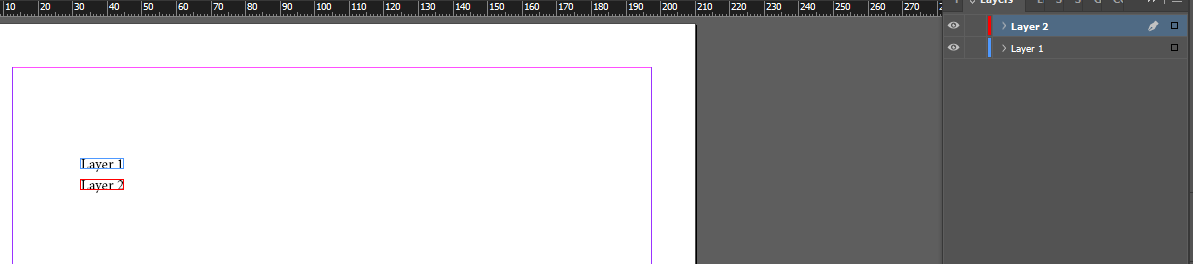 Screenshot of a graphic design interface with a purple border document. Two text layers labeled 'Layer 1' and 'Layer 2' are visible. 'Layer 1' is unchecked in the layers panel, indicating it is hidden.