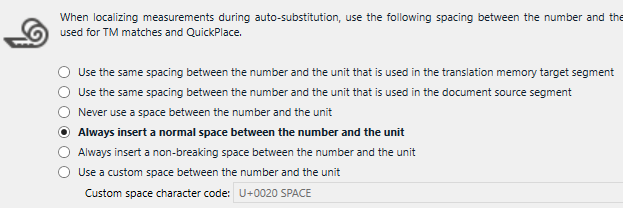 Trados Studio settings dialog showing options for localizing measurements with spaces between numbers and units.