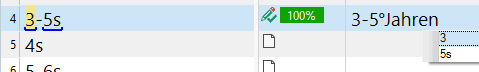 Close-up of Trados Studio translation results where '3-5s' is correctly translated as '3-5Jahren' with a regular space.