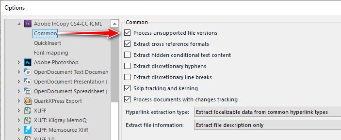 Screenshot of Trados Studio options menu with 'Common' selected, showing settings such as 'Process unsupported file versions' and 'Extract cross reference formats'.