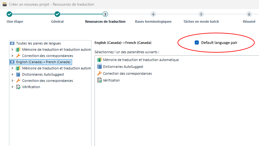 Screenshot of Trados Studio new project wizard showing translation resources with 'English (Canada) -> French (Canada)' highlighted and a 'Default language pair' checkbox checked.