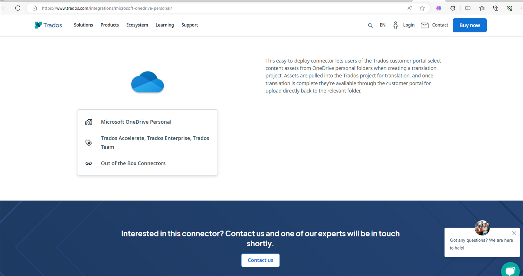 Trados website page showing Microsoft OneDrive Personal connector with a description of its functionality for Trados customer portal users.