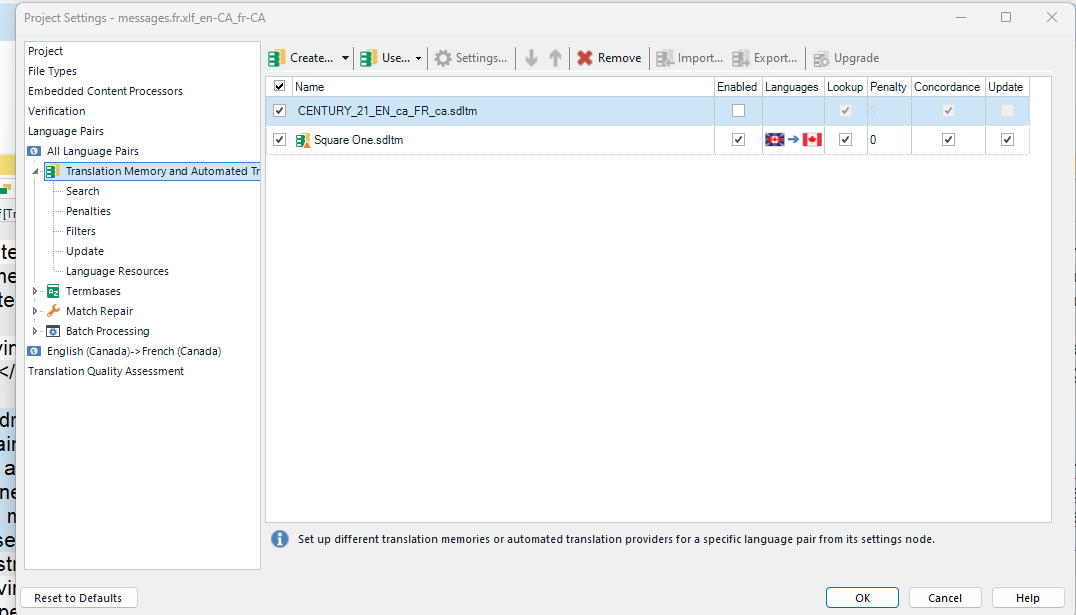 Screenshot of Trados Studio Project Settings showing Translation Memory and Automated Translation settings. Two memories listed, one unchecked, indicating it's not enabled.