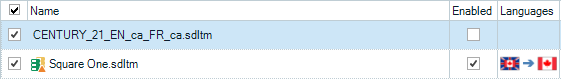 Screenshot of Trados Studio showing two translation memory files. The first file 'CENTURY_21_EN_CA_FR_CA.sdltm' is unchecked, indicating it's not enabled. The second file 'Square One.sdltm' is checked and has UK and French flags, suggesting enabled English to French translation.