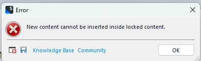 Error dialog box with a red cross icon saying 'New content cannot be inserted inside locked content.' with Knowledge Base and Community buttons.