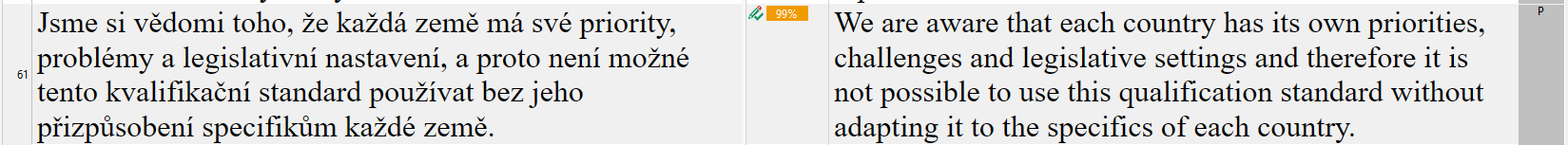 Trados Studio interface showing a segment of text in two languages, with a warning icon indicating a 99% match next to the target language text.