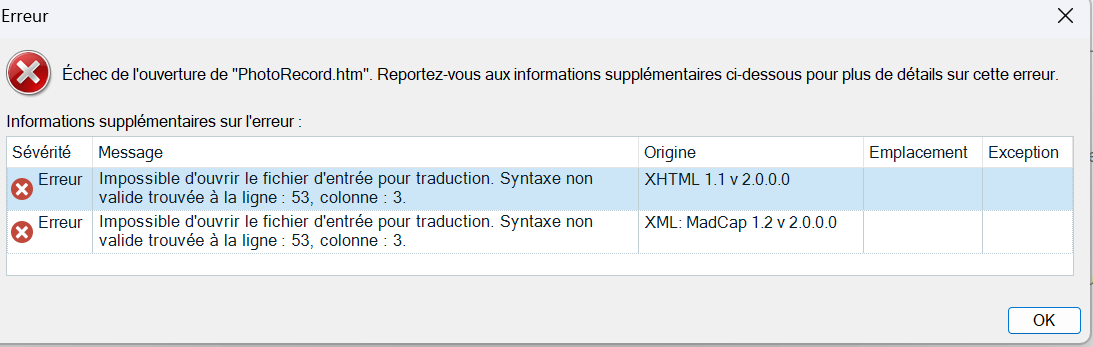 Error message in Trados Studio stating 'Echec de l'ouverture de PhotoRecord.htm'. Two errors listed: 'Impossible d'ouvrir le fichier d'entree pour traduction. Syntaxe non valide trouvee a la ligne: 53, colonne: 3.' for both XHTML 1.1 and XML: MadCap origins.