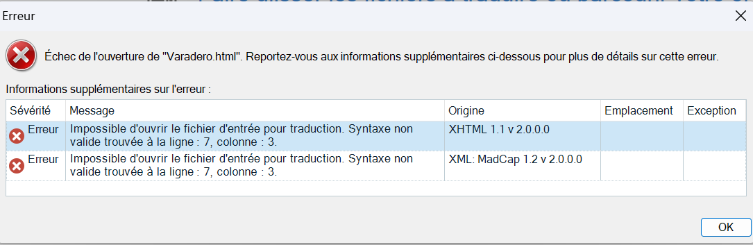 Error message in Trados Studio stating 'Echec de l'ouverture de Varadero.htm'. Two errors listed: 'Impossible d'ouvrir le fichier d'entree pour traduction. Syntaxe non valide trouvee a la ligne: 7, colonne: 3.' for both XHTML 1.1 and XML: MadCap origins.