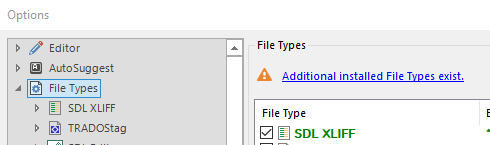 Screenshot of Trados Studio Options menu with a warning triangle next to 'File Types' indicating additional installed file types exist.