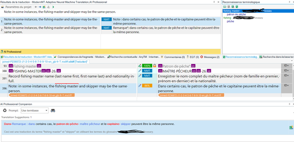 Screenshot of Trados Studio software showing a translation segment with a term recognition error. The term 'FISHING MASTER' is incorrectly suggested to be replaced with 'patron de peche' instead of the correct glossary term.