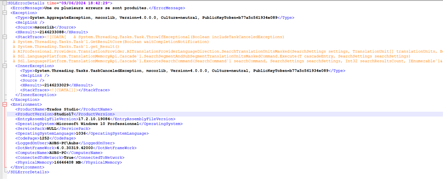 Error details from Trados Studio with timestamp and message 'One or more errors have occurred'. Includes system exception details, product name 'Trados Studio', version 'Studio17', and system environment information.