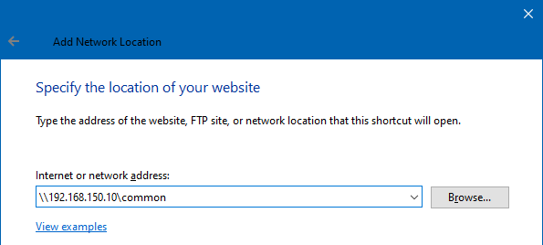 Windows 'Add Network Location' dialog box with an input field for 'Internet or network address' filled with '192.168.150.10common'.