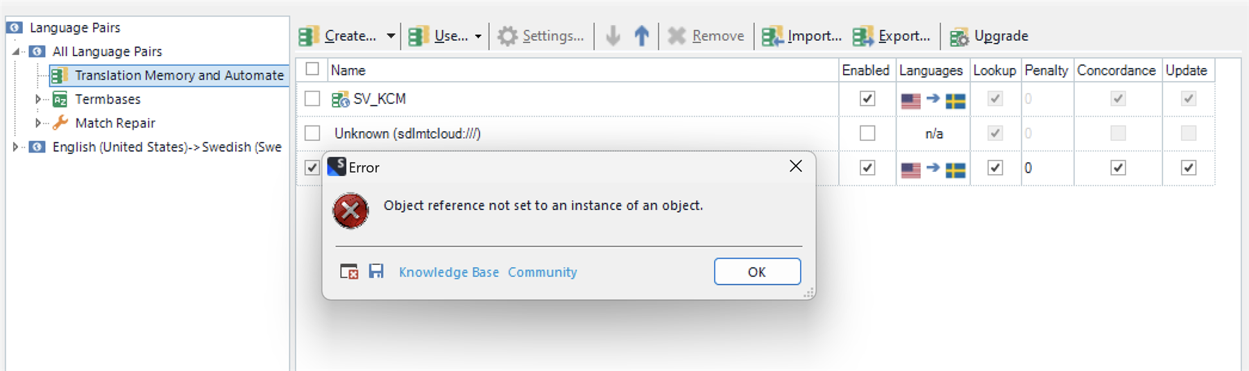 Trados Studio error dialog box with message 'Object reference not set to an instance of an object.' over the Translation Memory and Automate settings with a list of items including SV_KCM and an unknown item.