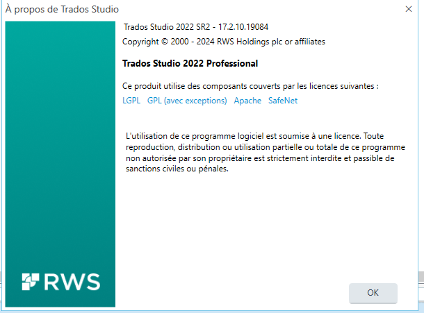 About Trados Studio dialog box showing version 2022 SR2 - 17.2.10.19084, copyright information, and license details for Trados Studio 2022 Professional.