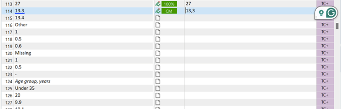 Screenshot of Trados Studio interface showing a list of segments with numbers. The 'Automated Translation' icon is grayed out, indicating it is not enabled.