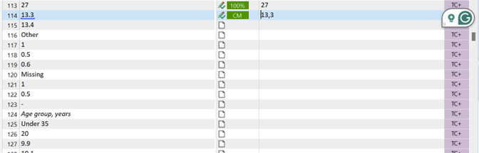 Screenshot of Trados Studio interface showing a list of segments with numbers. The 'Apply automated translation' option is grayed out and not selectable.