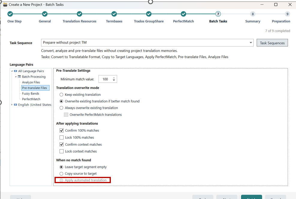 Screenshot of Trados Studio 'Create a New Project - Batch Tasks' window with 'Apply automated translation' checkbox disabled under 'Pre-Translate Settings'.