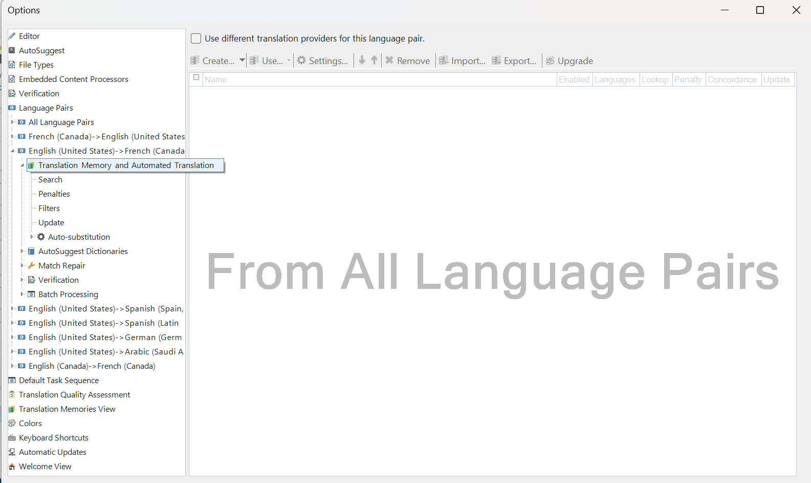 Trados Studio Options menu with 'Translation Memory and Automated Translation' selected under 'Language Pairs'. The 'Use' checkbox for different translation providers is visible but not focused.