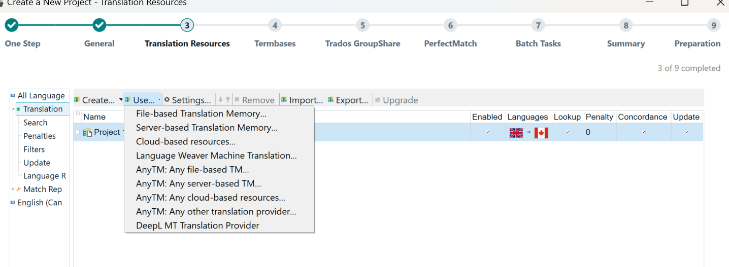 Trados Studio screenshot showing the Translation Resources tab with options for translation memory and machine translation providers. DeepL MT Translation Provider is highlighted.