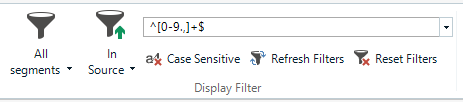 Screenshot of Trados Studio's Review ribbon with a regex entered in a text box. Icons for 'All segments', 'In Source', 'Case Sensitive', 'Refresh Filters', and 'Reset Filters' are visible.