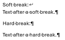 Text demonstrating the difference between a soft break and a hard break. The soft break is indicated by a left angle bracket followed by a newline, and the hard break is shown with a newline only.