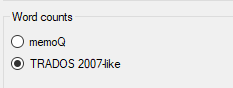 Screenshot showing word count options with radio buttons for memoQ and TRADOS 2007-like.