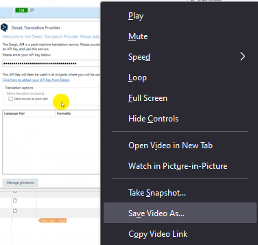 Screenshot of a video player context menu with 'Save Video As...' option highlighted, indicating the method to download the video.