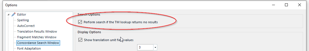 Screenshot of Trados Studio options menu with 'Search Options' expanded, highlighting 'Perform search if the TM lookup returns no results' checkbox.