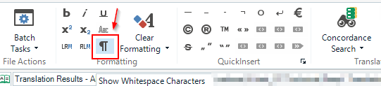 Screenshot of Trados Studio interface highlighting the 'Show Whitespace Characters' option in the Translation Results toolbar.