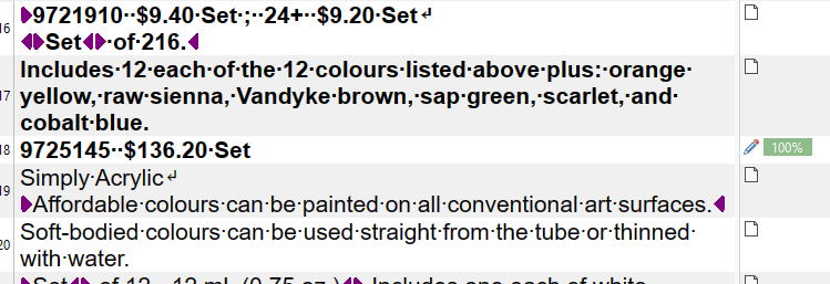 Screenshot of a text document with a list of art supplies and prices. A warning icon and red text indicate an error at the beginning of the line 'Set of 216.'