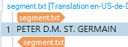 Screenshot of Trados Studio software showing a segment of text 'PETER D.M. ST. GERMAIN' highlighted in blue.