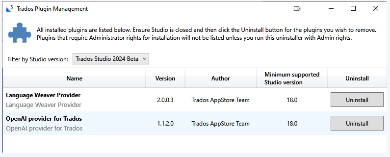 Trados Plugin Management window showing two plugins: 'Language Weaver Provider' version 2.0.0.3 and 'OpenAI provider for Trados' version 1.1.2.0. Both by Trados AppStore Team with a minimum supported Studio version of 18.0. Uninstall buttons are visible.