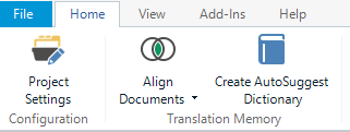 Screenshot of Trados Studio showing menu options including File, Home, View, Add-Ins, Help, and features like Project Settings, Align Documents, Create AutoSuggest Dictionary, and Translation Memory.