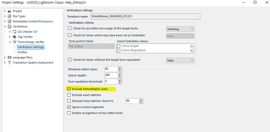 Screenshot of Trados Studio Project Settings showing the Terminology Verifier section with options to exclude PerfectMatch units and exact matches.