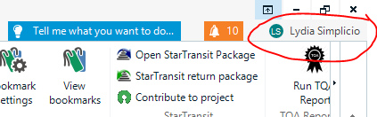 Screenshot of Trados Studio UI showing the top right corner with a user named Lydia Simplicio signed in, indicated by a red circle around the user icon and name.