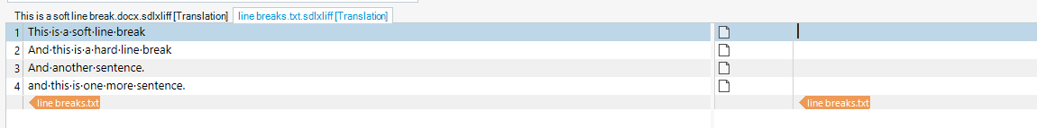 Screenshot of Trados Studio interface showing four segments with soft and hard line breaks. The text 'line breaks.txt' is visible at the bottom.