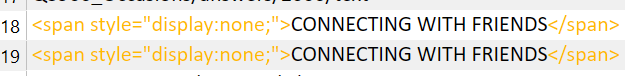 Screenshot of an Excel file with hidden tags visible in the text, showing the phrase 'CONNECTING WITH FRIENDS' within a span element styled to not display.