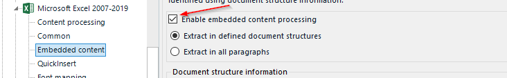 Screenshot of Trados Studio settings showing 'Microsoft Excel 2007-2019' with 'Content processing' expanded. 'Enable embedded content processing' is checked.