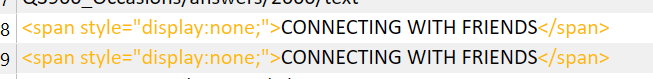 Screenshot of Trados Studio showing HTML code with a span element styled to display:none, containing the text 'CONNECTING WITH FRIENDS'.