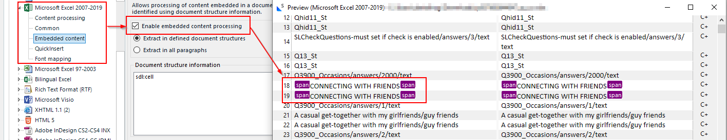 Trados Studio screenshot showing project settings with an error message. The 'Microsoft Excel 2007-2019' option under 'Embedded content' is highlighted with a red error icon indicating an issue. A tooltip reads 'Allows processing of content embedded in a document identified using document structure information.'