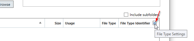 Screenshot of Trados Studio interface showing the 'File Type Settings' button with a red arrow pointing to it, indicating where to access settings.