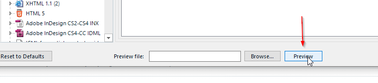 Screenshot of Trados Studio interface highlighting the 'Preview' button with a red arrow, suggesting to preview file type settings adjustments.